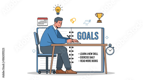 Man Working on Goals at Desk.