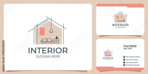 Minimalist interior logo with line art style logo design and business card template
