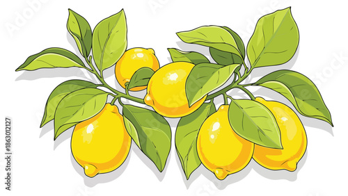 Fresh yellow lemons on branch with green leaves vector illustration