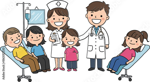 Children in medical clinic, pediatric healthcare scene, nurse and doctor smiling, friendly hospital visit, clinical environment, health checkup, caring professionals, happy kids, wellness support