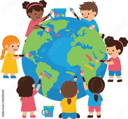 Children painting globe, diverse kids, global unity, teamwork activity, colorful world art, educational illustration, multicultural collaboration, child-friendly cartoon, creative learning