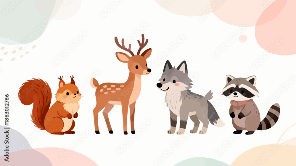 Fototapeta premium Four cartoon woodland animals