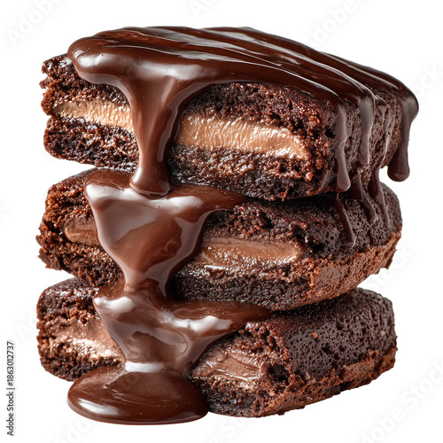 Stack of Rich Chocolate Brownies with Melting Ganache Drip and Creamy Filling