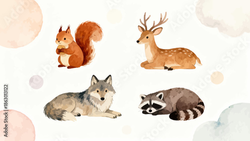 Four woodland animals on soft background