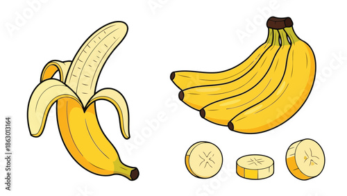 Yellow banana bunch and peeled fruit with slices vector illustration