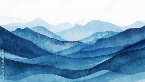 Abstract Blue Watercolor Mountain Landscape Painting with Soft Hand-Painted Minimalist Waves