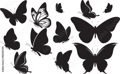 Butterfly silhouettes isolated on transparent background black and white butterfly images