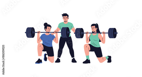 A male personal trainer supervises two women performing barbell squats and lunges during a strength training session in a gym.