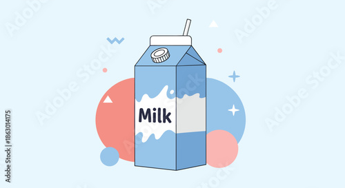 A minimalist flat design illustration of a light blue milk carton with a straw and screw cap, set against a light blue background with abstract geometric shapes.