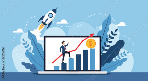 A determined businessman steps up a financial growth chart on a laptop, symbolizing successful startup, investment, and future prosperity.