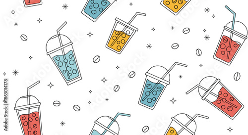 Seamless pattern of colorful iced drinks, such as bubble tea or fruit juice, with straws, coffee beans, and star elements on a white background.