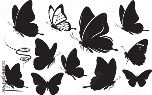 Silhouette of various butterflies isolated on transparent background