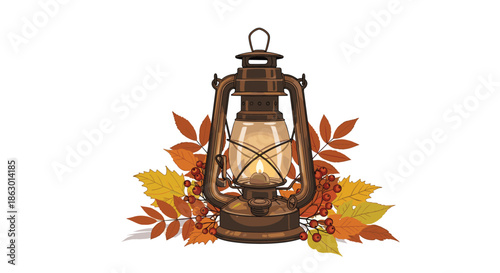 An old-fashioned hurricane lamp illuminating a warm glow amidst a beautiful arrangement of autumnal leaves and berries.