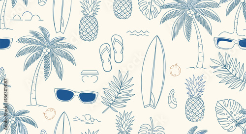 Hand-drawn blue line art tropical summer seamless pattern featuring beach vacation elements: palm trees, pineapples, surfboards, and sunglasses.
