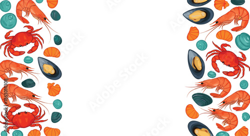 Colorful border illustration featuring various fresh seafood like crabs, shrimp, mussels, and shells on a white background, perfect for menu or packaging design.
