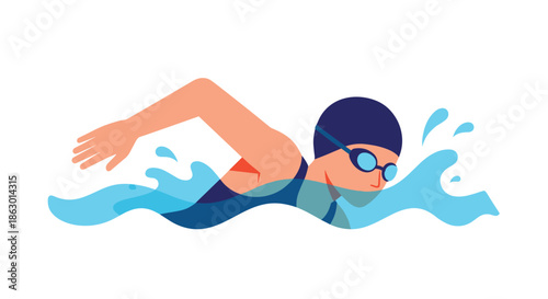A stylized illustration depicting a swimmer in a dark blue cap and goggles expertly navigating the water with a powerful front crawl stroke.