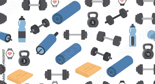 Seamless pattern of fitness and gym essentials: dumbbells, kettlebells, water bottles, yoga mats, and smartwatches, on a white background.