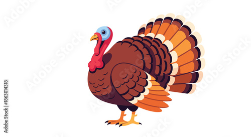 A colorful cartoon turkey stands on a white background, displaying its vibrant plumage and traditional Thanksgiving appearance.
