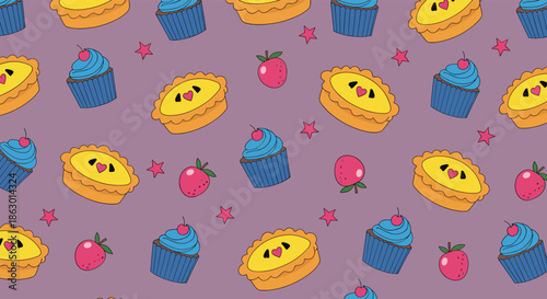 Cute seamless pattern with cartoon custard tarts, blue cupcakes, sweet strawberries, and pink stars on a soft purple background.