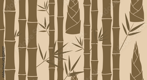 An artistic illustration of a bamboo forest featuring tall stalks, delicate leaves, and emerging shoots in warm brown tones on a light background.
