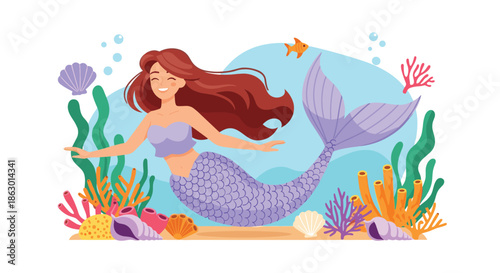 A joyful cartoon mermaid with red hair and a purple tail smiles while swimming in a colorful ocean with coral, seaweed, and seashells.