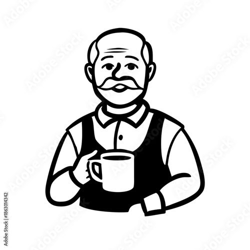 Grandfather is standing with Stick and have cup of coffee and take good care