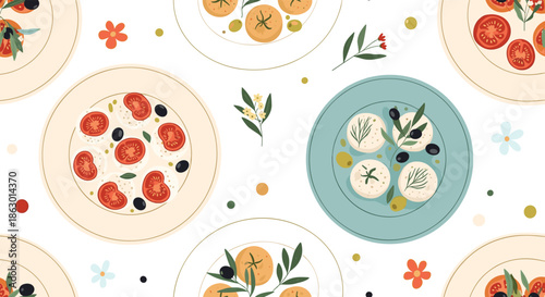 Seamless pattern of Mediterranean appetizers with tomatoes, mozzarella, olives, and herbs on plates, perfect for culinary and food-related designs.