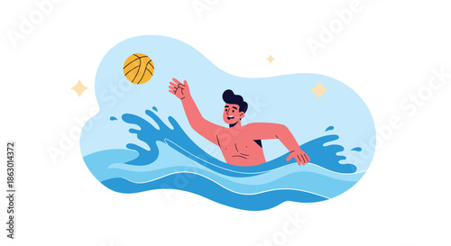 A happy man in the water is playing water polo or volleyball, with splashes all around him, enjoying a fun summer day.