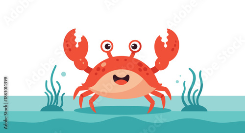 A cute cartoon crab with big claws and big eyes is happily standing in the blue water with seaweed and bubbles.
