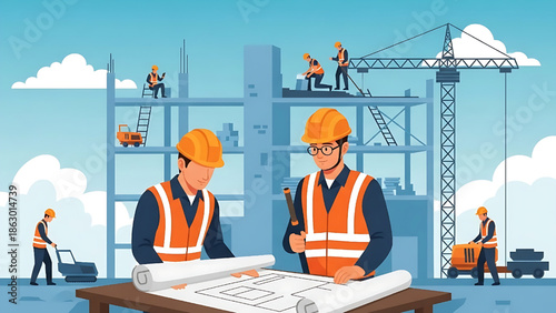 Construction site with workers, blueprints, and heavy machinery under a blue sky