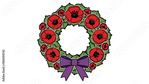 Remembrance Day Poppy Wreath with Purple Bow on White Background.