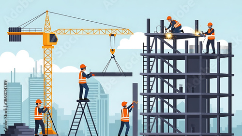 Construction site with crane, workers building a skyscraper in a city with a backdrop of modern buildings