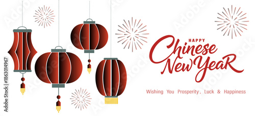 Chinese New Year greeting banner with red lanterns and fireworks editable vector illustration
