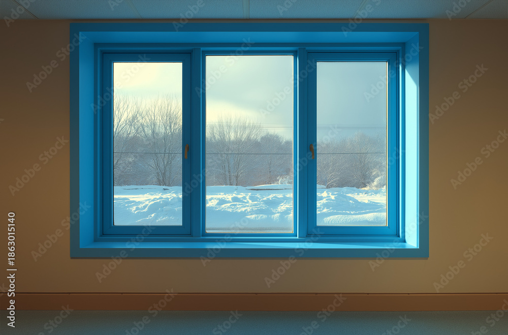 Fototapeta premium Serene winter scene viewed through modern blue window