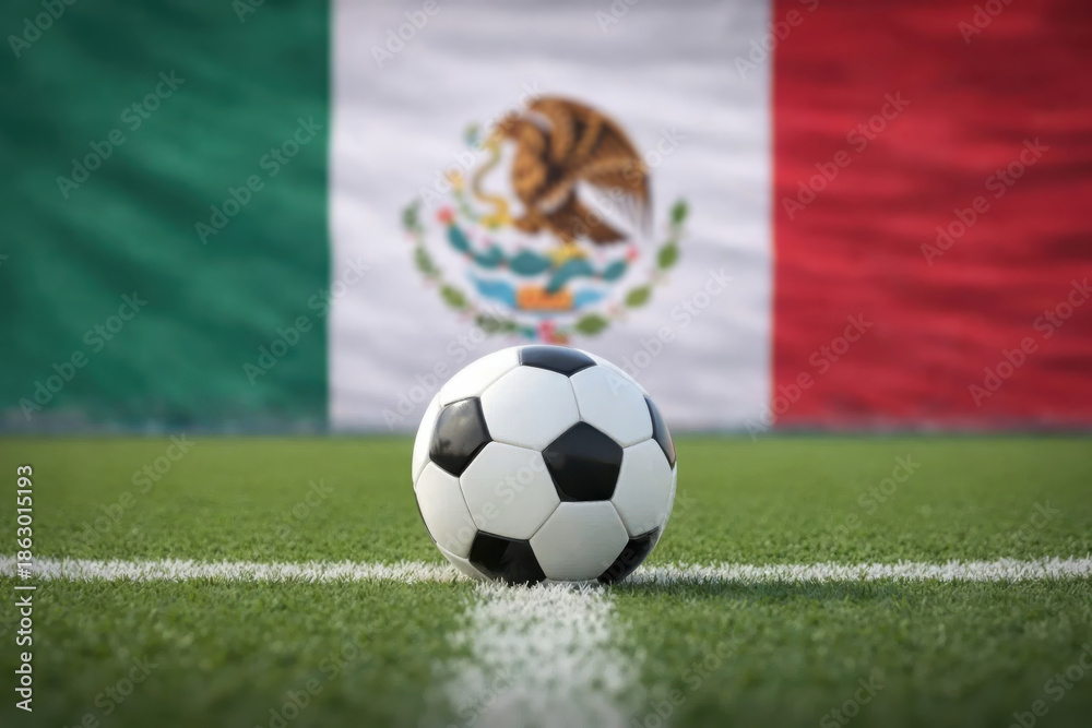 Fototapeta premium Soccer Ball on Football Field with Mexico Flag Background