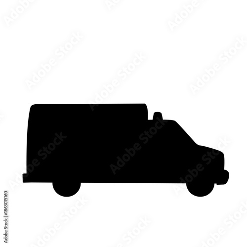 Black silhouette illustration of an ambulance emergency vehicle isolated on white background. Medical transport concept representing emergency service, healthcare, rescue, and urgent medical response
