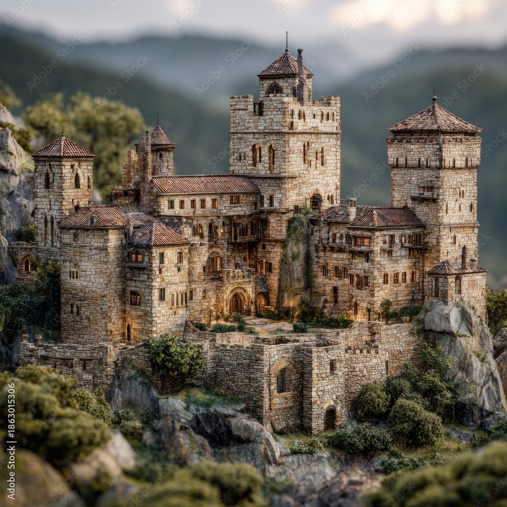 Fototapeta premium Medieval Castle on Rocky Hillside Landscape.