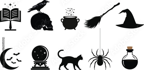 Set of Magic and Witchcraft Silhouette Icons Including Broom and Hat