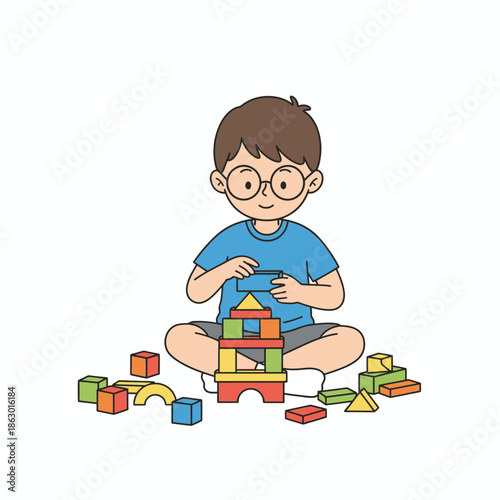 A little boy happily playing with colorful building blocks and learning through fun playtime