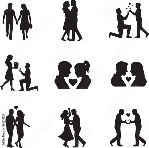 Romantic Couple Silhouette Set: Proposal, Dating, and Love Concepts for Wedding and Valentine's Day