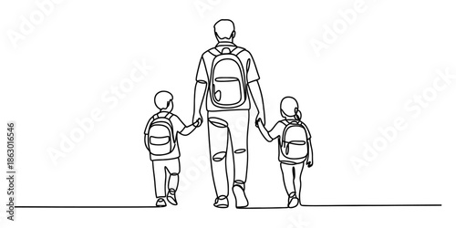 Father walking with his children to school Vector, illustration