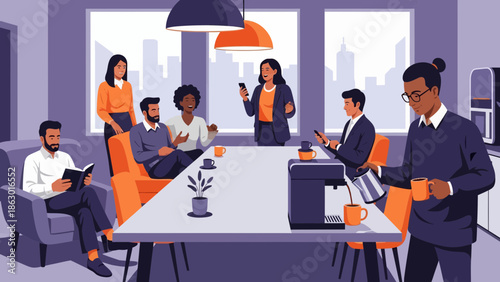 Diverse group of business professionals socializing in modern office