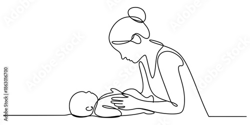 Mother holding her baby in a continuous line drawing Vector, illustration