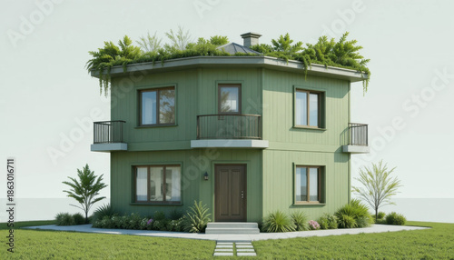 Modern green two story house with flat roof features lush rooftop greenery and multiple balconies, surrounded by well manicured lawn and various plants, creating serene atmosphere