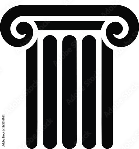 A minimalist black and white icon representing a classical ionic column capital with intricate volutes