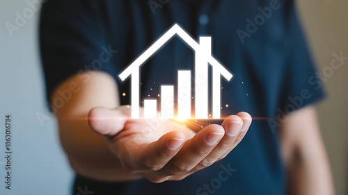 Real Estate Investment Growth Concept with Glowing Digital House and Financial Bar Chart in Hand