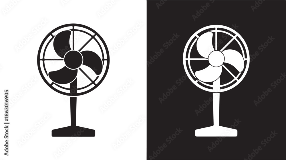 Obraz premium Electric Fan Silhouette in Modern Minimalist Design with High Contrast Lighting on White and Black Background for Home Appliance