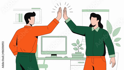 Two colleagues high fiving in modern office with computer and plants