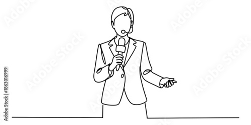 Journalist with a microphone, a continuous line drawing Vector, illustration
