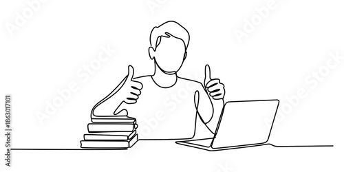 Student giving thumbs up with books and laptop Vector, illustration